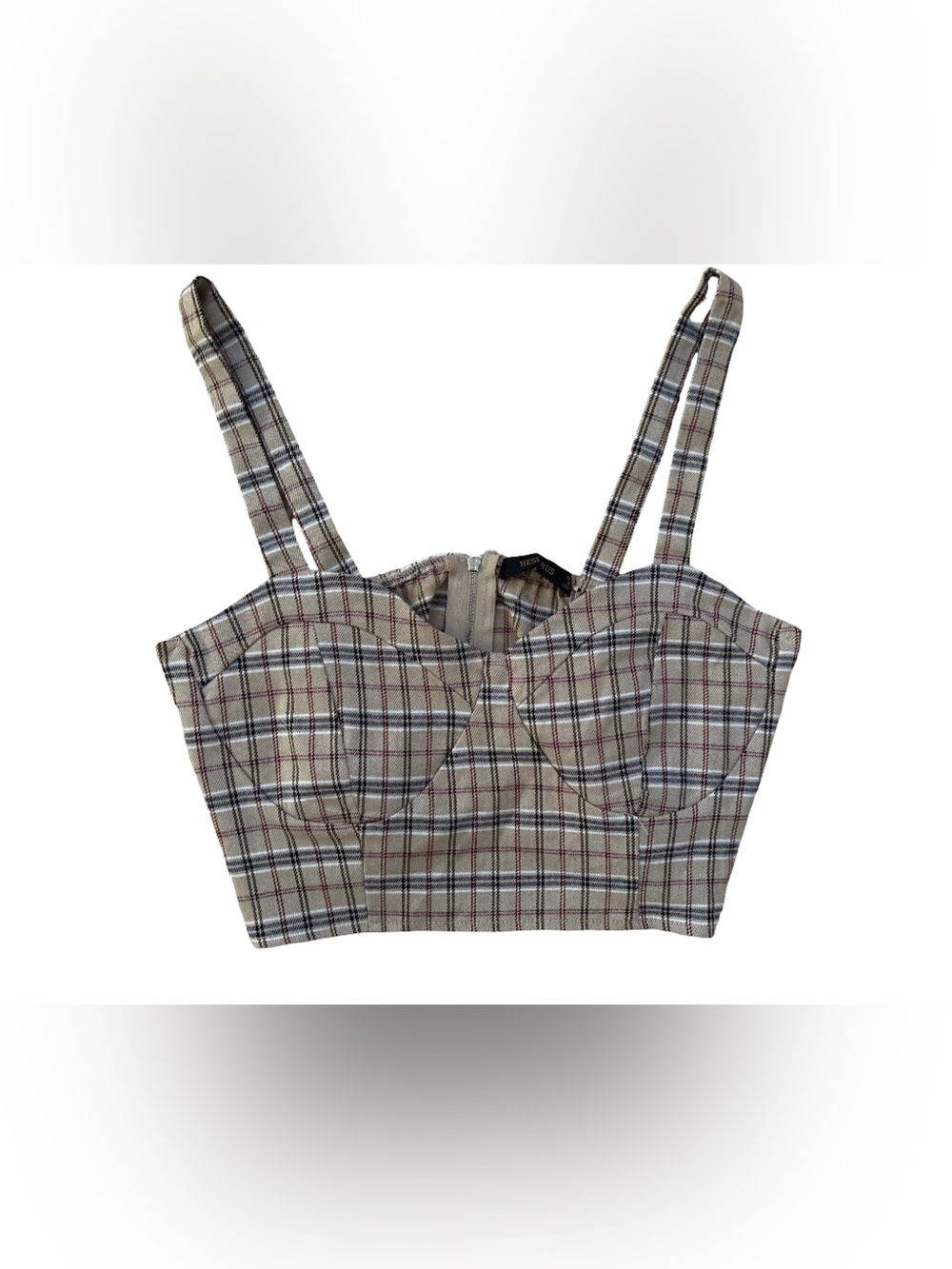 Plaid Bustier Crop Top with Straps - Beige